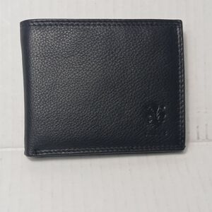 black Genuine leather bi-fold men's wallet with a fleur-de-lis emblem